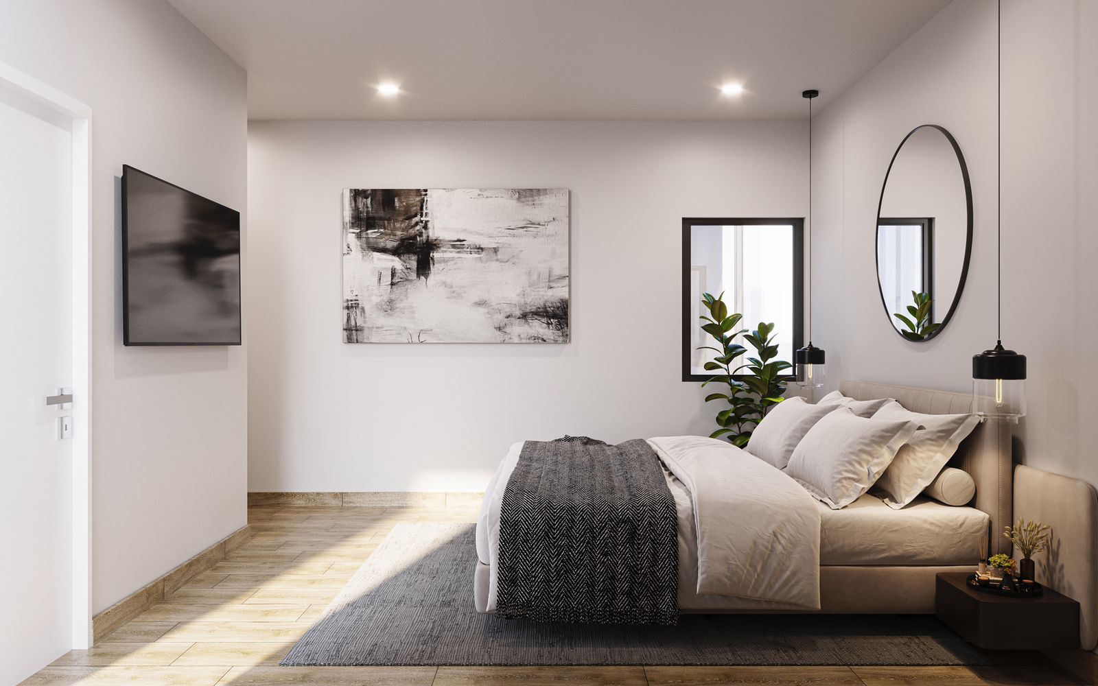 Render realista de diseño arquitectónico para habitación principal acogedora